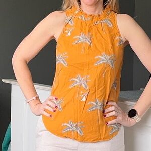 Ann Taylor Yellow and Gray Palm Print Tank Top